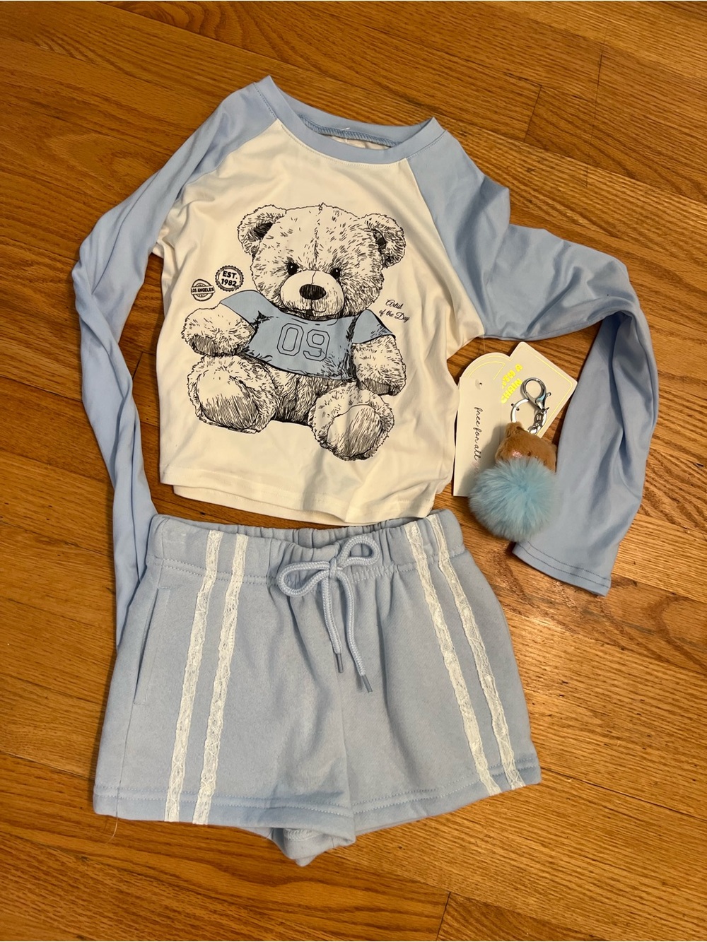 Light Blue Teddy Bear Long-Sleeve shirt shorts and keychain Set